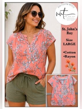 St. John’s Bay Coral Floral Blouse Women’s Large Cotton Rayon Split Neck